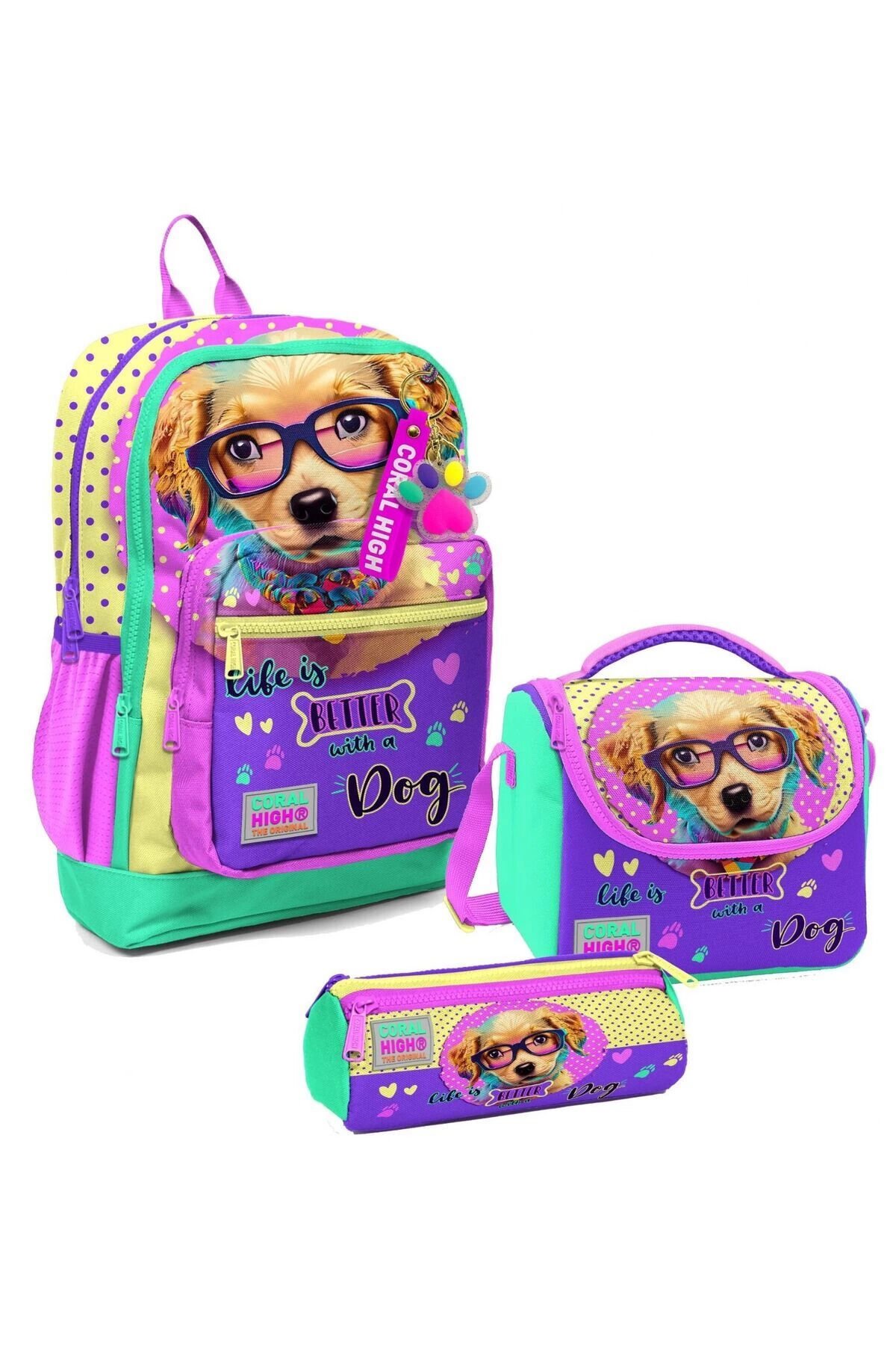 Kız Çocuk Üçlü İlkokul Okul Çanta Seti - Mor Pembe Anime Kedi Sarı Pembe Sevimli Köpek