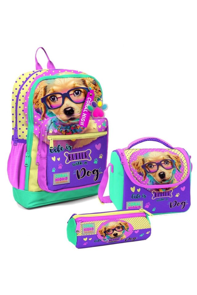 Kız Çocuk Üçlü İlkokul Okul Çanta Seti - Mor Pembe Anime Kedi Sarı Pembe Sevimli Köpek