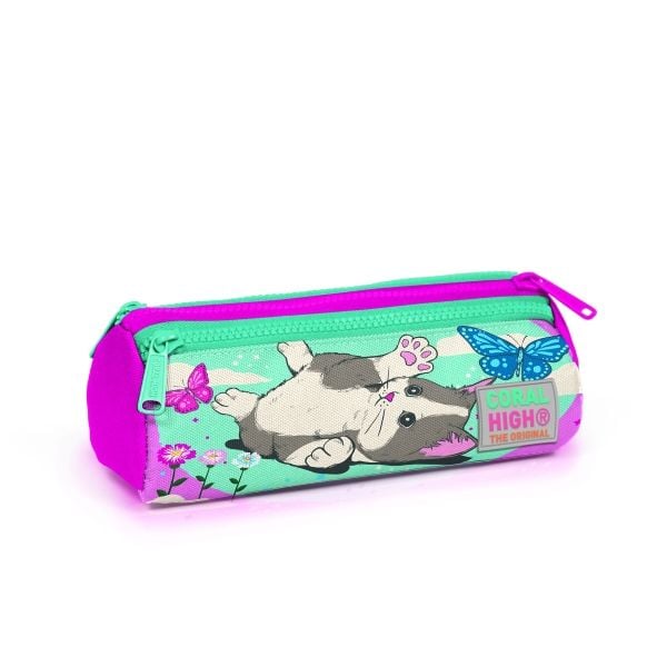 Coral High Kids Su Yeşili Pembe Kedi Desenli Üç Bölmeli Kalem Çantası 22007