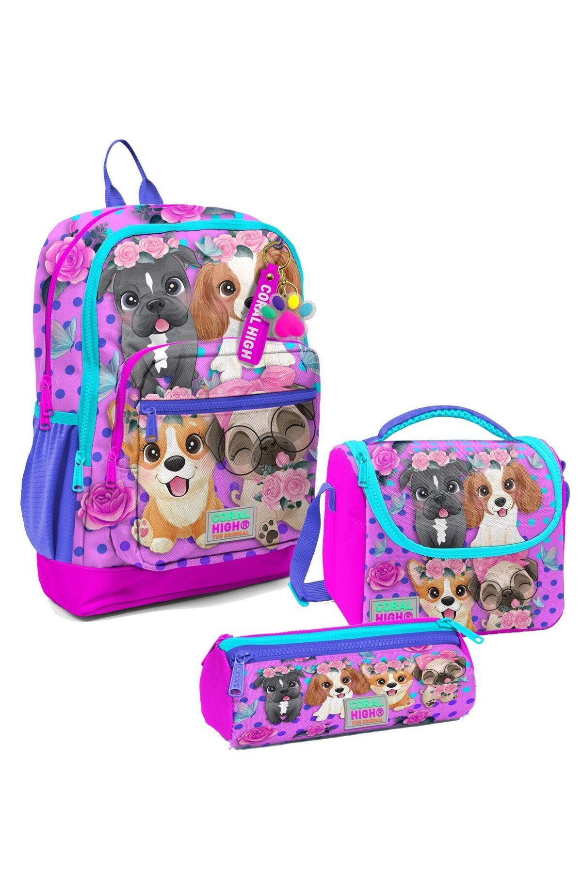 Kız Çocuk Üçlü İlkokul Okul Çanta Seti - Mor Pembe Anime Kedi Pembe Köpek