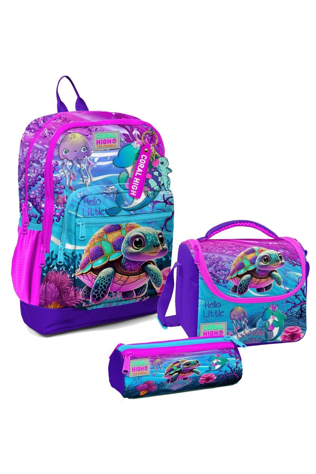 Kız Çocuk Üçlü İlkokul Okul Çanta Seti - Mor Pembe Anime Kedi Pembe Mor Kaplumbağa