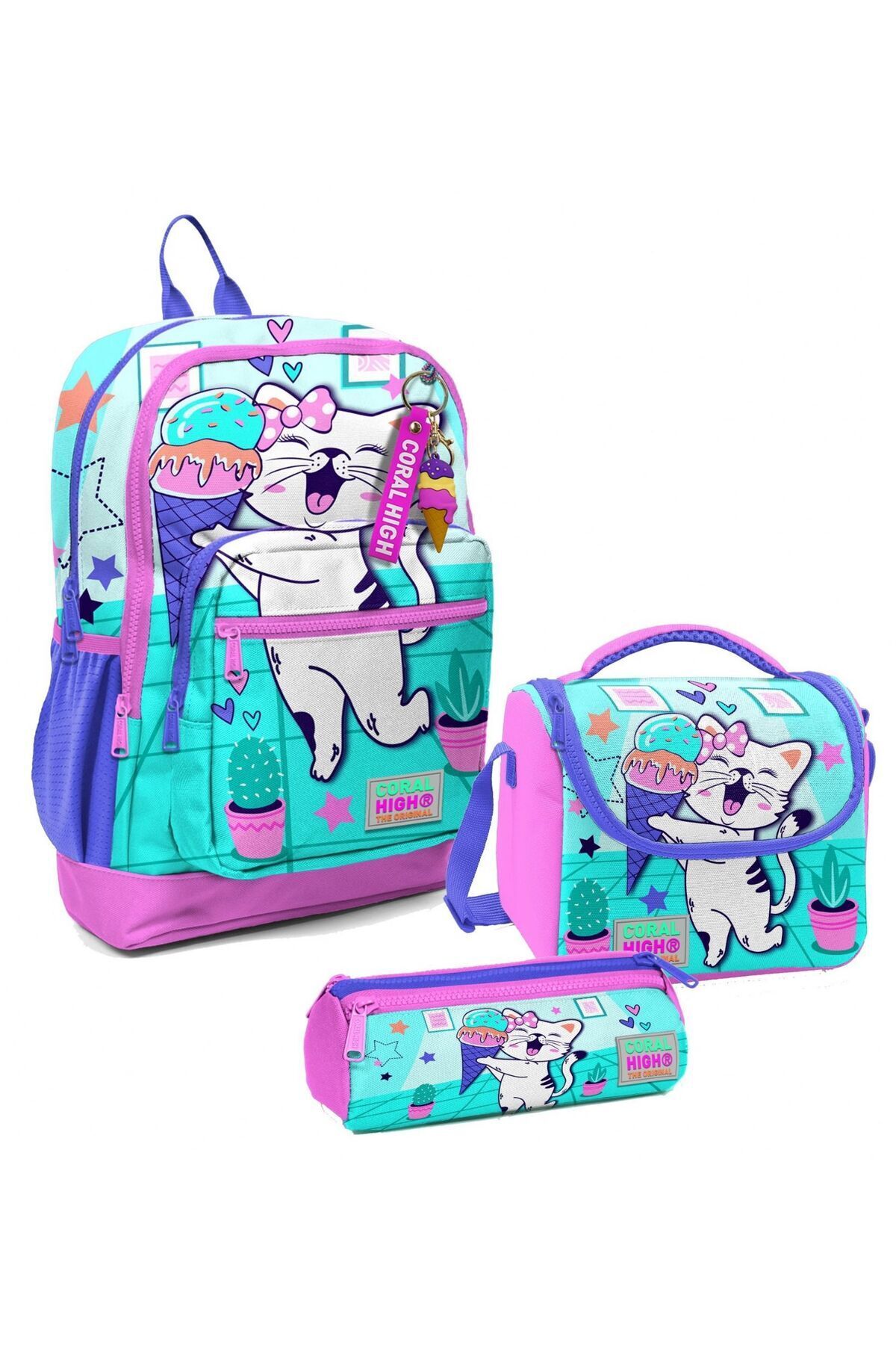 Kız Çocuk Üçlü İlkokul Okul Çanta Seti - Mor Pembe Anime Kedi Turkuaz Pembe Dondurmalı Kedi