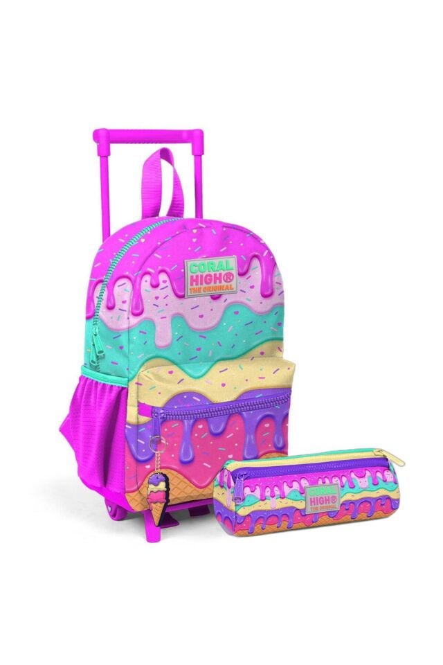 Adalihome Minik Yuva Çekçekli Sırt Çantası Pembe Dondurma Desenli İki Bölmeli Çanta Seti