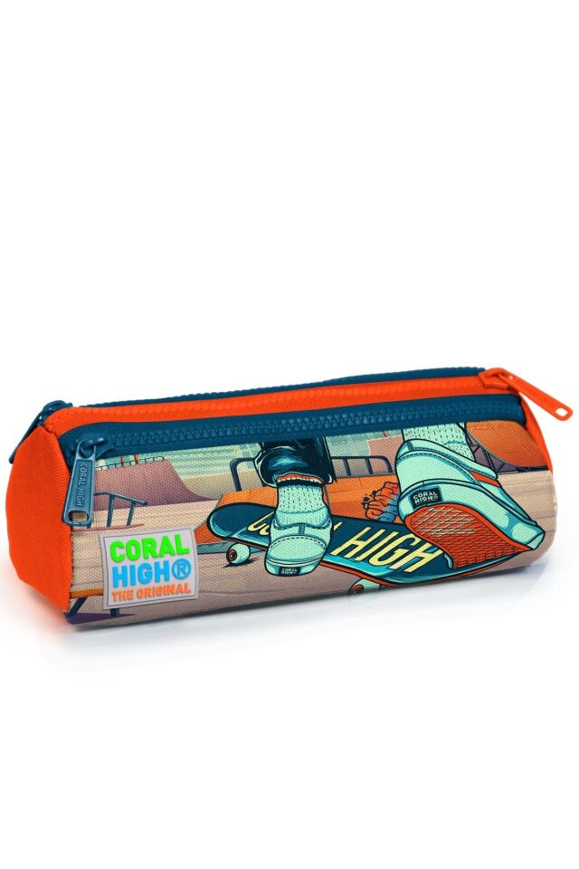 Kids Çivit Neon Turuncu Kaykay Desenli Thermo Beslenme Çantası ve Kalemlik Seti