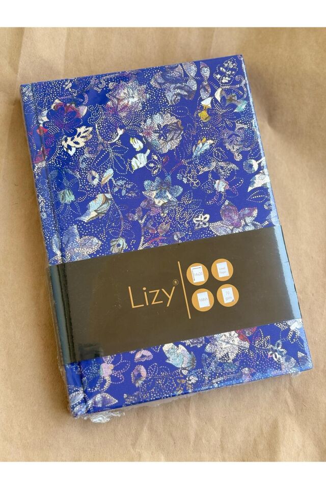 Atakids Lizy Deri Kapaklı Çiçek Desenli Çizgili Defter | 14x20 cm | 70 Yaprak | Sert Kapak | Mavi