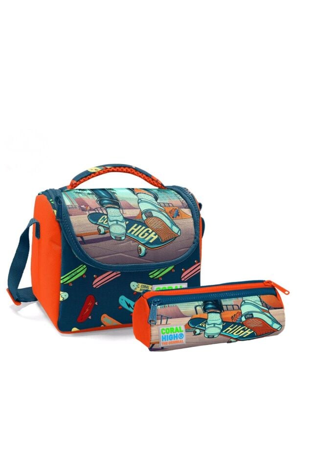 Kids Çivit Neon Turuncu Kaykay Desenli Thermo Beslenme Çantası ve Kalemlik Seti