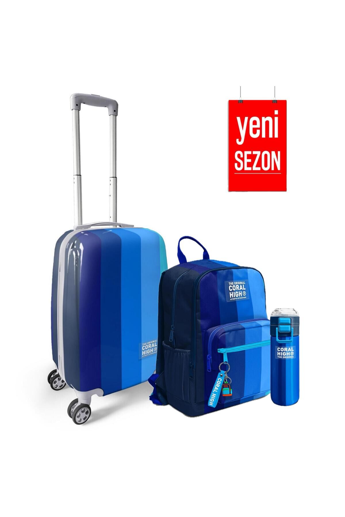 Renkli Çizgili Desenli Kabin Boy Valiz, Sırt Çantası ve Matara Seti