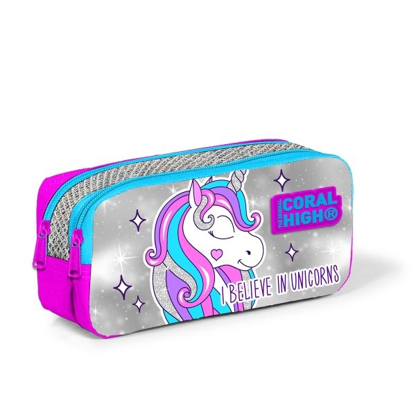 Coral High Kids Pembe Gümüş Simli Unicorn Desenli İki Bölmeli Kalem Çantası 22291