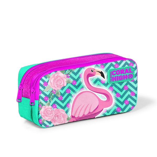 Coral High Kids Su Yeşili Pembe Simli Flamingo Desenli İki Bölmeli Kalem Çantası 22290