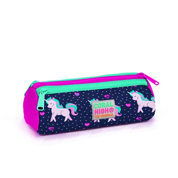 Coral High Kids Lacivert Pembe Unicorn Desenli Üç Bölmeli Kalem Çantası 22310