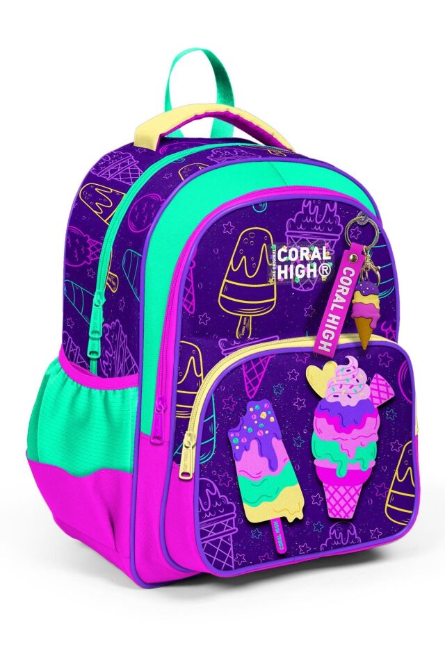 Kids Mor Pembe Dondurma Desenli Üç Bölmeli Okul Sırt Çantası Seti 23655