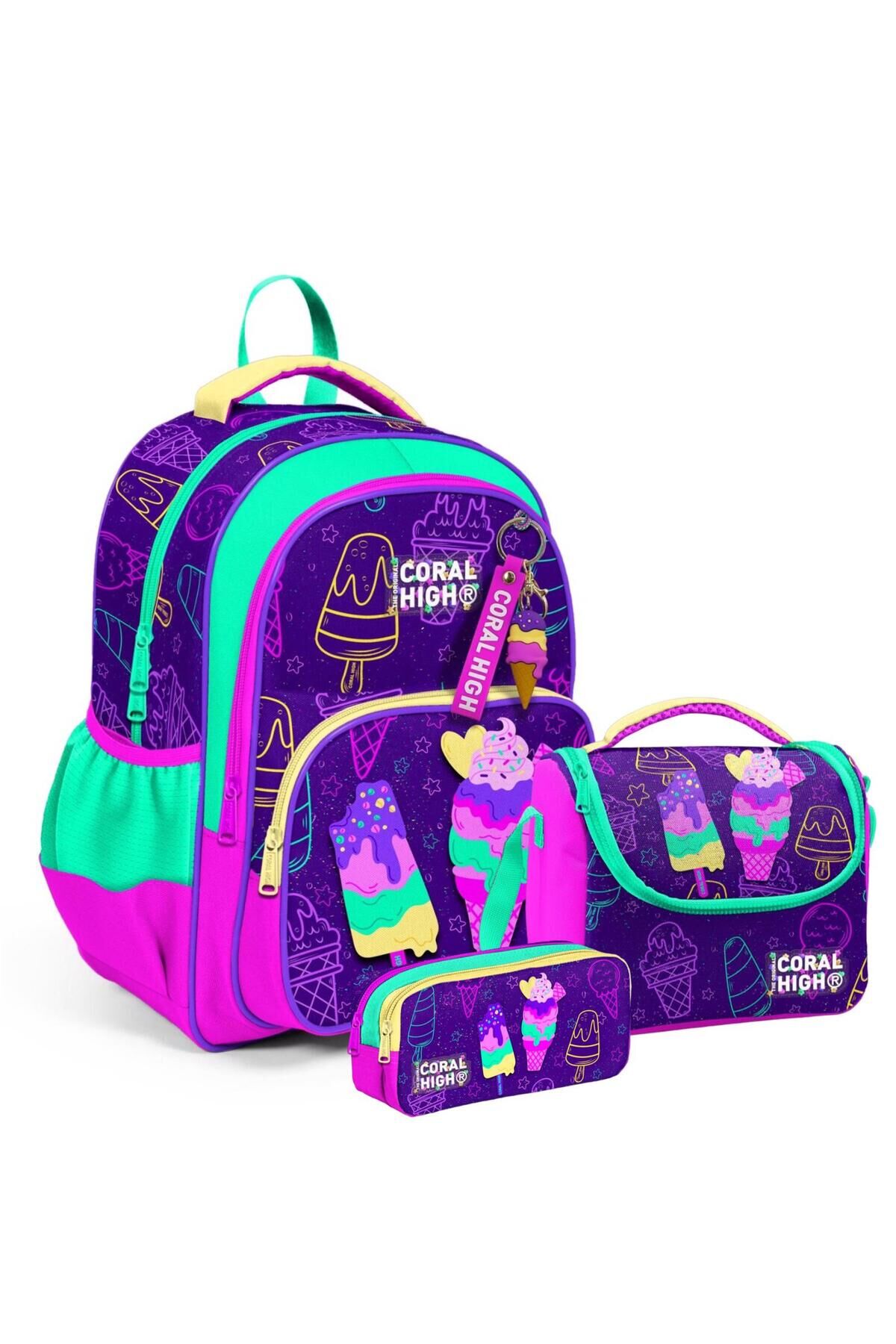 Kids Mor Pembe Dondurma Desenli Üç Bölmeli Okul Sırt Çantası Seti 23655