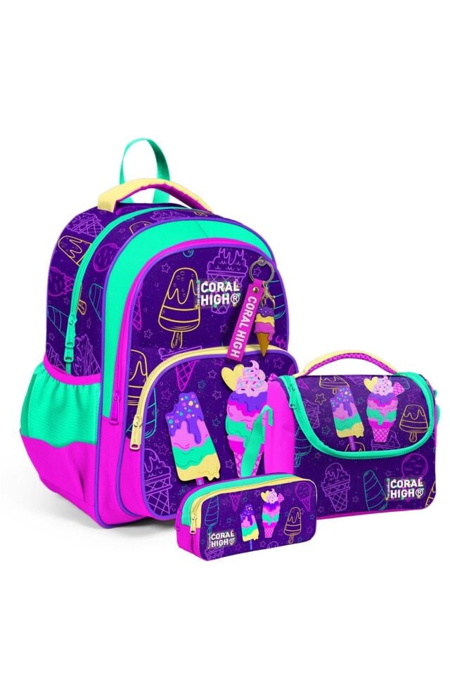 Kids Mor Pembe Dondurma Desenli Üç Bölmeli Okul Sırt Çantası Seti 23655