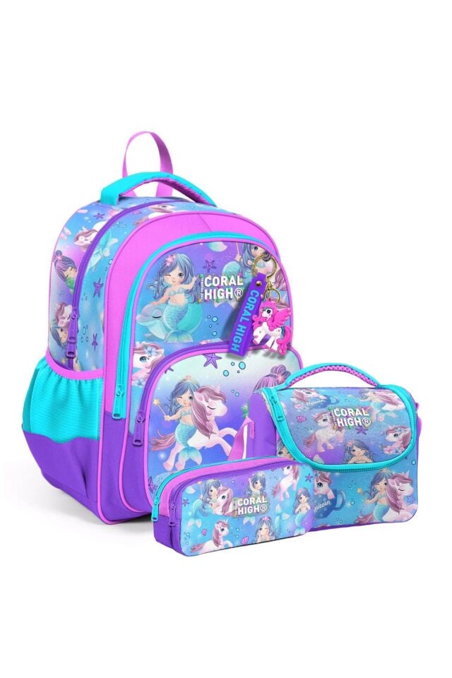 Kids Mor Pembe Unicorn Deniz Kızı Desenli Üç Bölmeli Okul Sırt Çanta Seti 23657