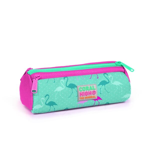 Coral High Kids Su Yeşili Neon Pembe Flamingo Desenli Üç Bölmeli Kalem Çantası 22315