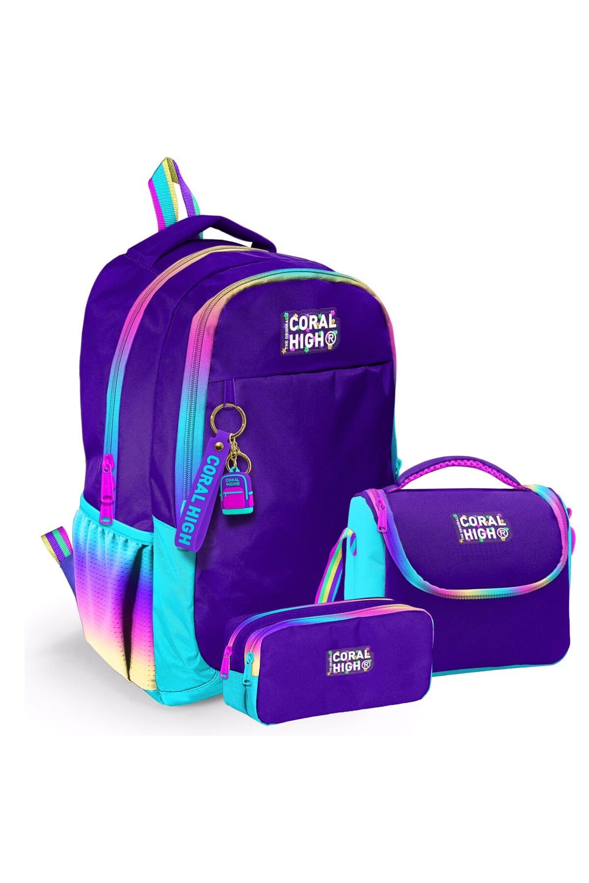 Kids Rainbow Fermuarlı Mor Üç Bölmeli Okul Sırt Çanta Seti 23662