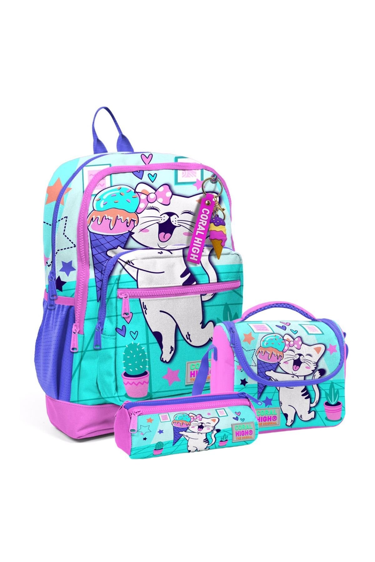 Kids Turkuaz Pembe Dondurmalı Kedi Desenli Okul Sırt Çanta Seti 23751