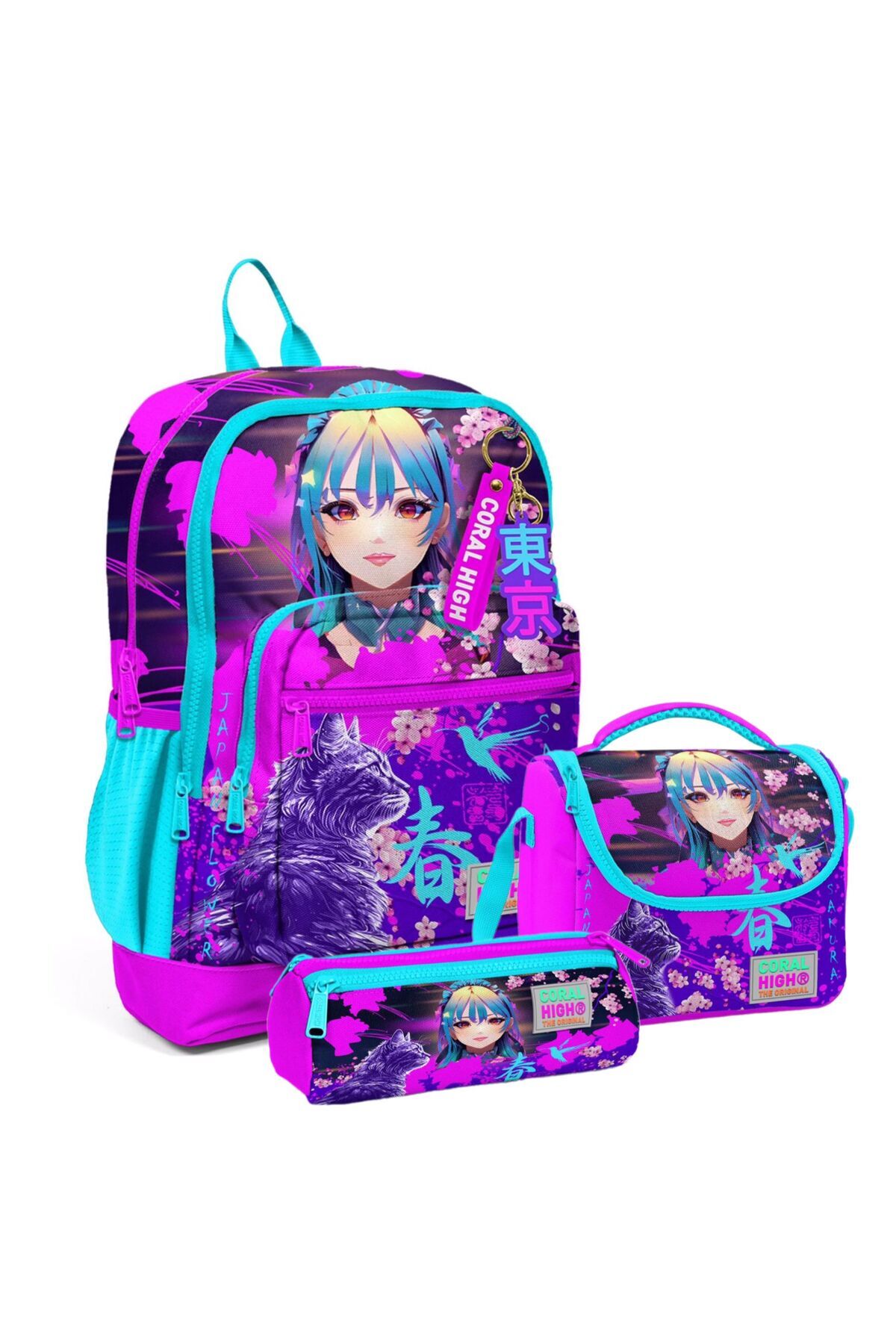 Kids Mor Pembe Anime Kedi Desenli Okul Sırt Çanta Seti 23753