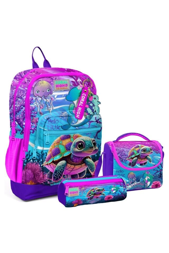 Kids Pembe Mor Kaplumbağa Desenli Okul Sırt Çanta Seti 23756