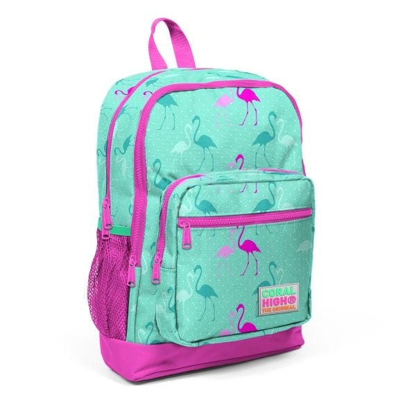 Coral High Kids Su Yeşili Neon Pembe Flamingo Desenli Dört Bölmeli Okul Sırt Çantası 23111