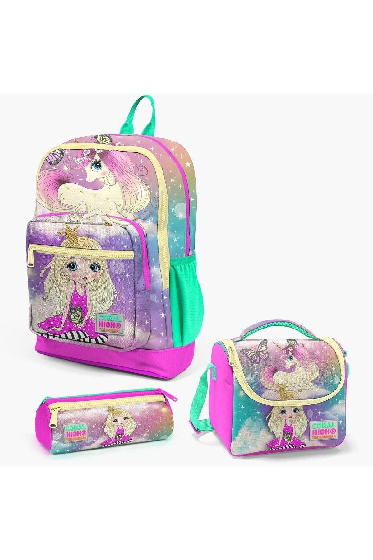 Kids Pembe Su Yeşili Unicornlu Kız Desenli 3’lü Okul Çanta Seti SET0123733