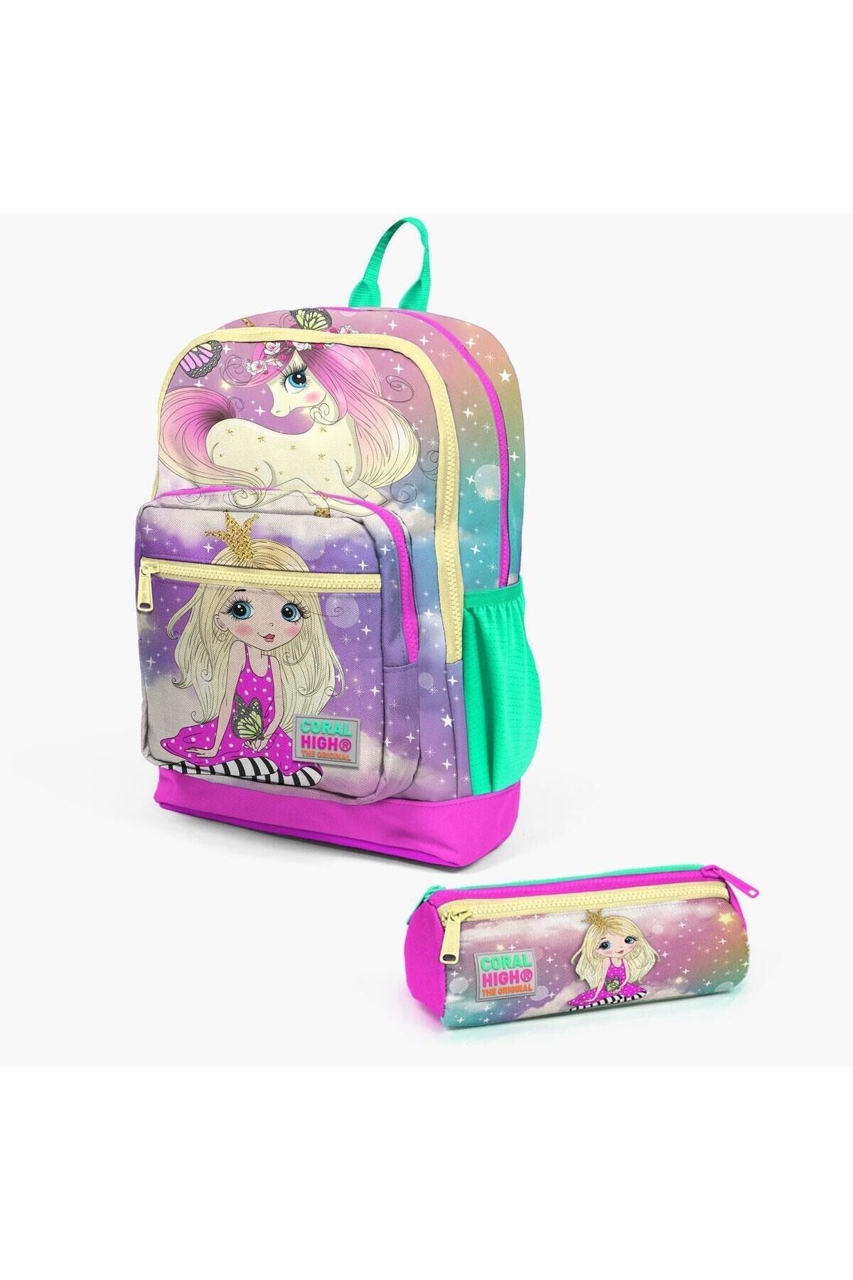 Kids Pembe Su Yeşili Unicornlu Kız Desenli 2'li Okul Çanta Seti SET0223733