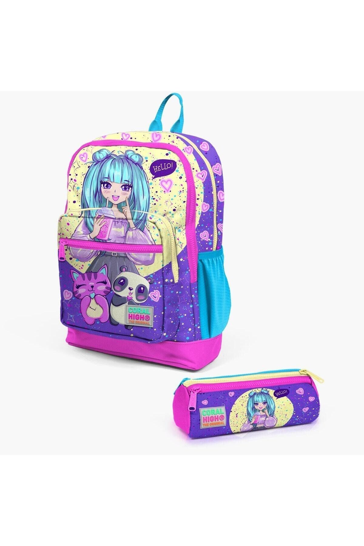 Kids Mor Pembe Anime Kız Desenli 2'li Okul Çanta Seti SET0223735