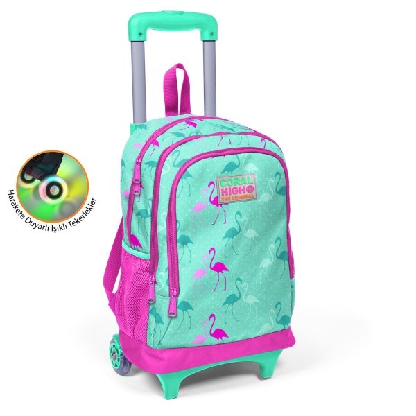 Coral High Kids Su Yeşili Neon Pembe Flamingo Desenli Üç Bölmeli Işıklı Tekerlekli Çekçekli Okul Sırt Çantası 23131
