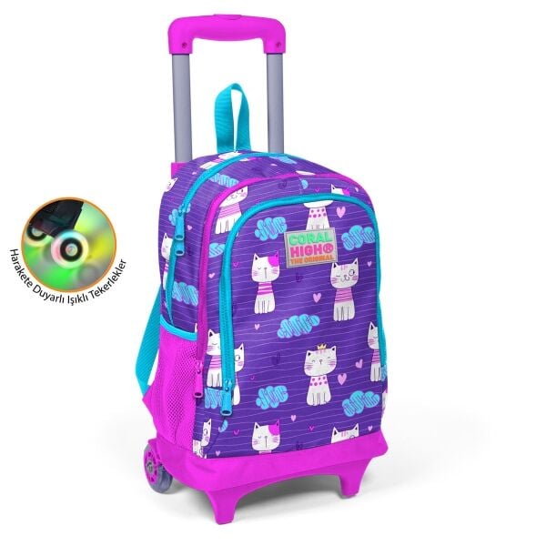Coral High Kids Mor Pembe Kedi Desenli Üç Bölmeli Işıklı Tekerlekli Çekçekli Okul Sırt Çantası 23360