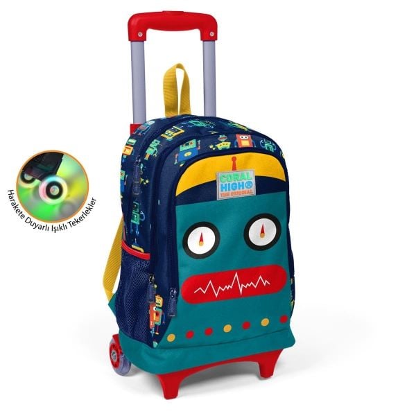 Coral High Kids Lacivert Civit Robot Desenli Üç Bölmeli Işıklı Tekerlekli Çekçekli Okul Sırt Çantası 23380