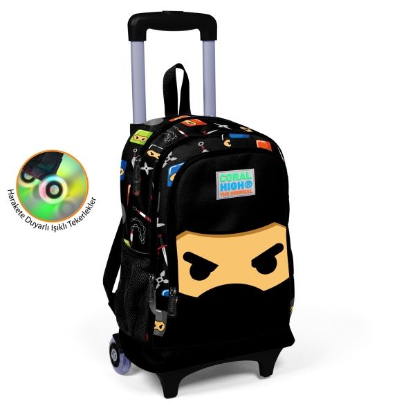 Coral High Kids Siyah Ninja Desenli Üç Bölmeli Işıklı Tekerlekli Çekçekli Okul Sırt Çantası 23381