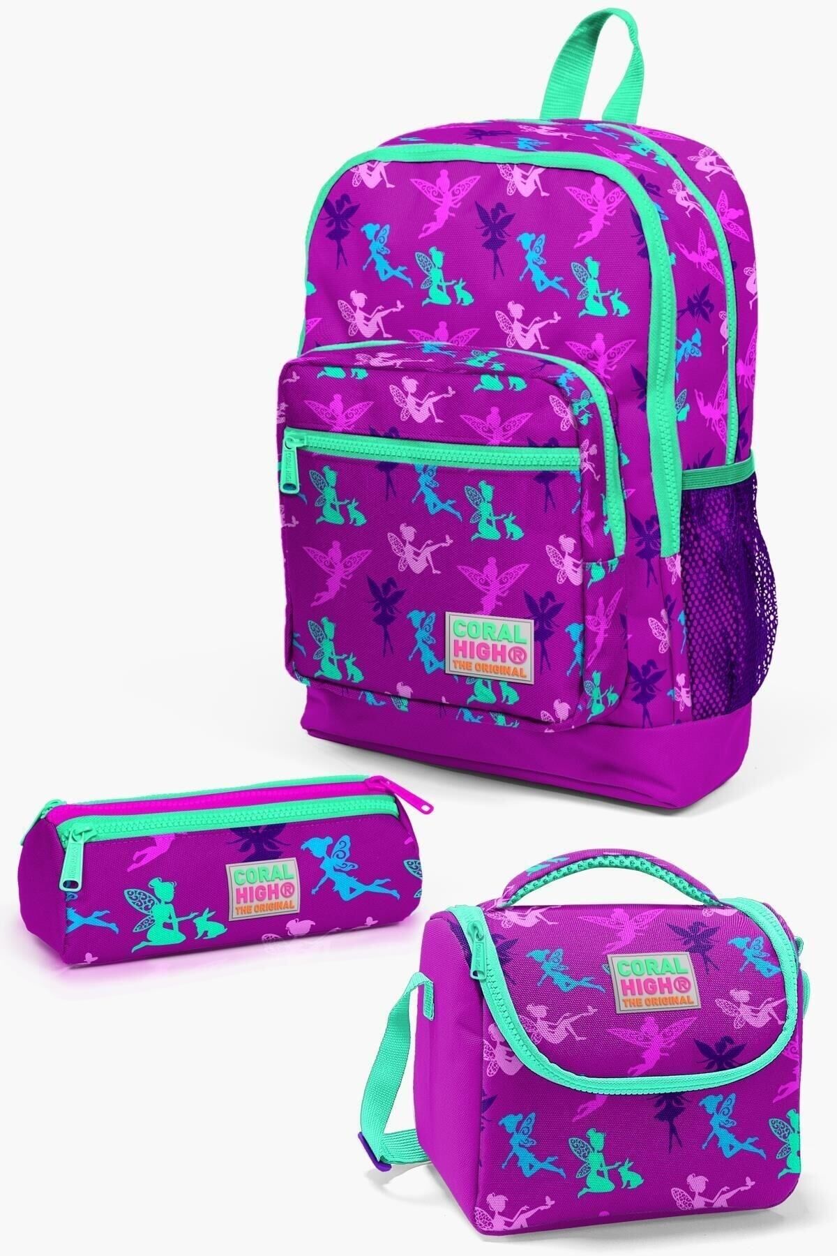 Kids Koyu Pembe Su Yeşili Peri Desenli 3’lü Okul Çanta Seti SET0123109 Mor Pembe