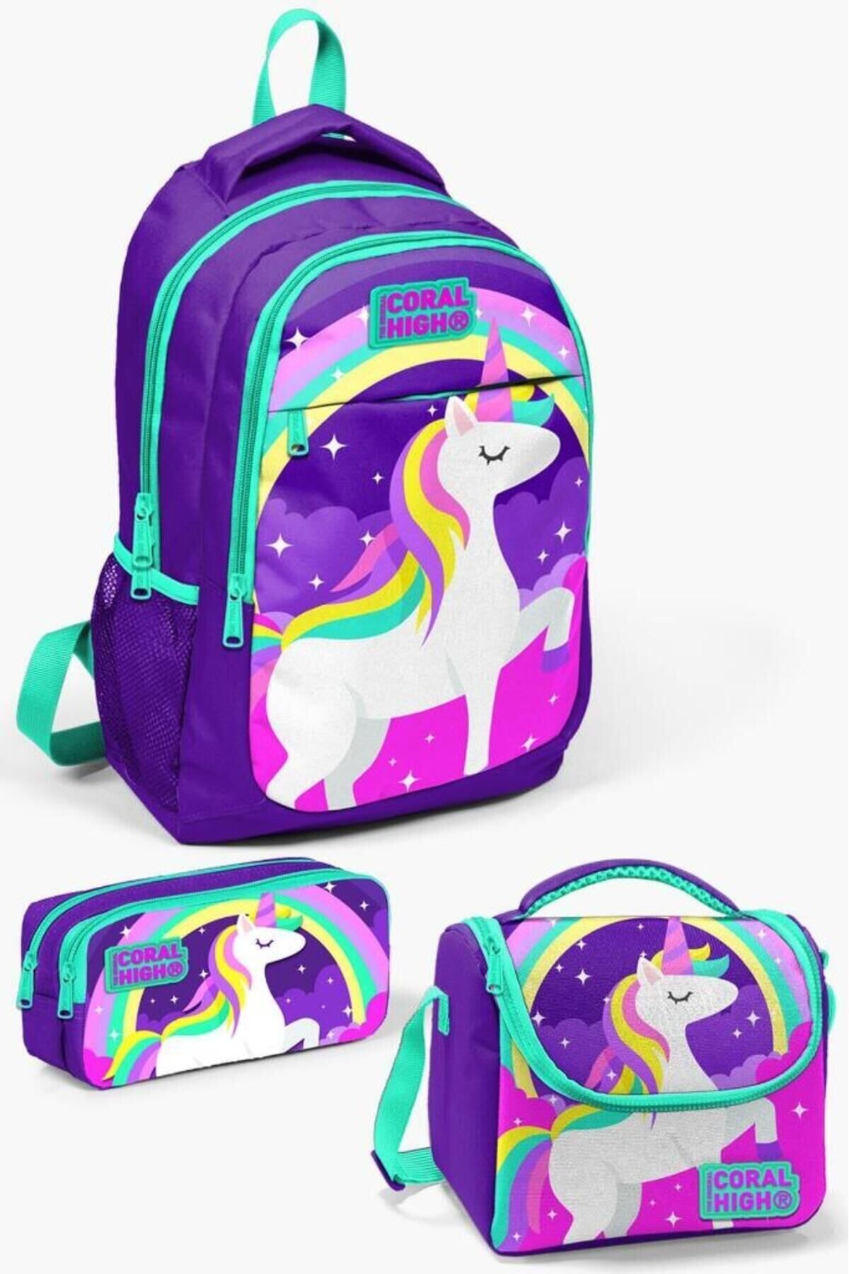 Kids Mor Su Yeşili Unicorn Desenli 3’lü Okul Çanta Seti SET0114376 Mor Su Yeşili Unicorn
