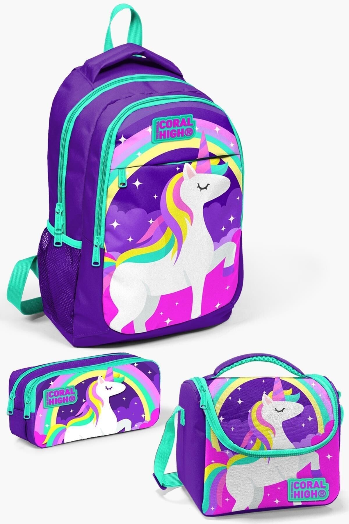 Kids Mor Su Yeşili Unicorn Desenli 3’lü Okul Çanta Seti SET0114376 Mor
