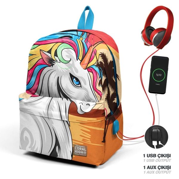 Coral High Hardal Kahverengi Unicorn Desenli Üç Bölmeli USB Şarjlı Kulaklık Çıkışlı Okul Sırt Çantası 23421