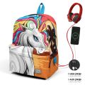 Coral High Hardal Kahverengi Unicorn Desenli Üç Bölmeli USB Şarjlı Kulaklık Çıkışlı Okul Sırt Çantası 23421