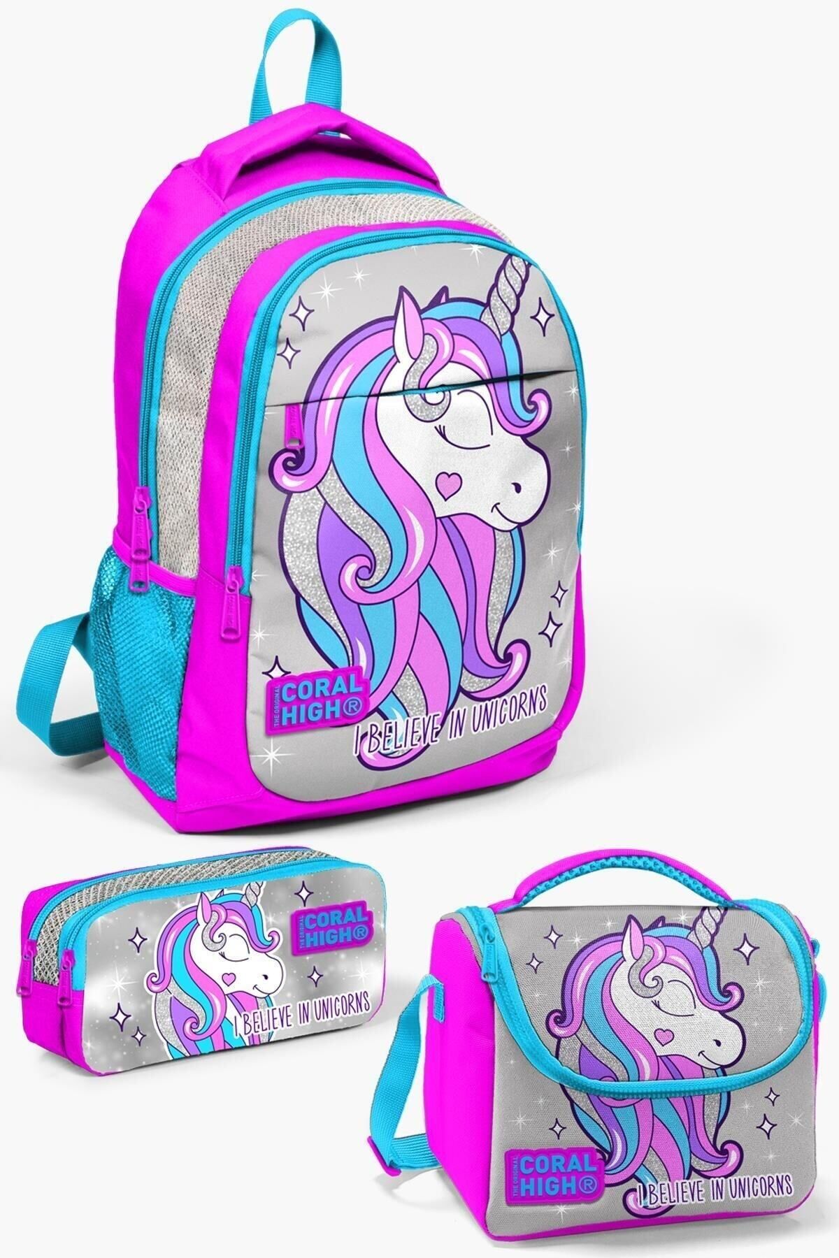 Kids Mor Su Yeşili Unicorn Desenli 3’lü Okul Çanta Seti SET0114376 Pembe Gümüş