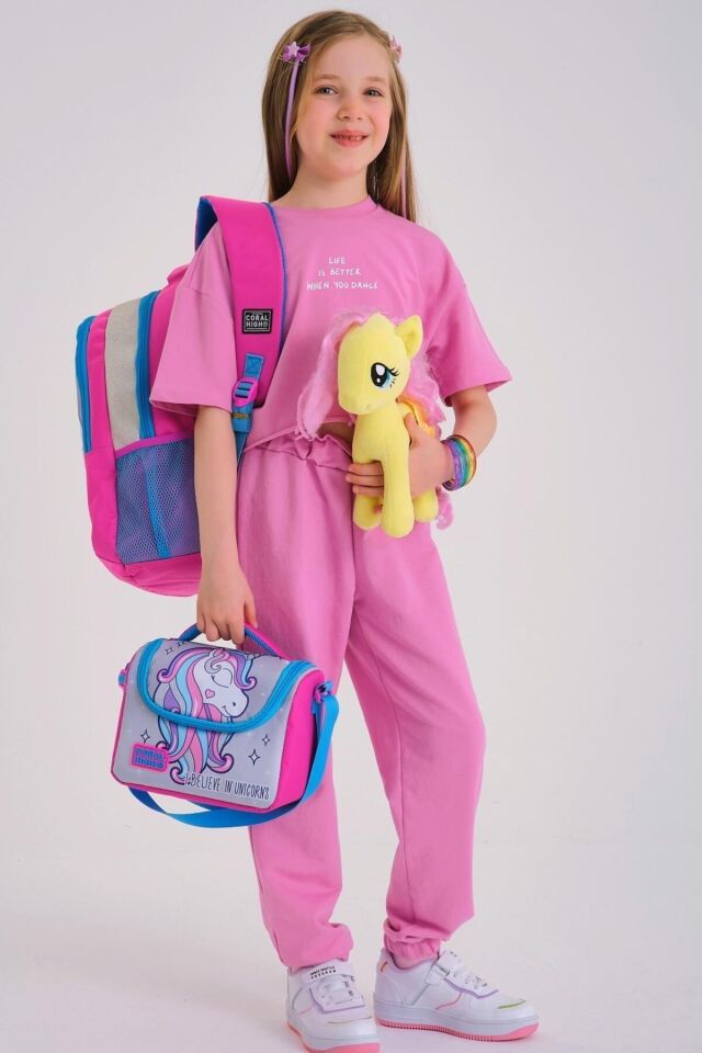 Kids Mor Su Yeşili Unicorn Desenli 3’lü Okul Çanta Seti SET0114376 Pembe Gümüş