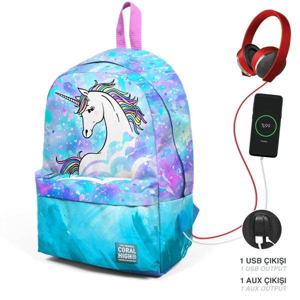 Coral High Derin Mavi Açık Pembe Unicorn Desenli İki Bölmeli USB Şarjlı Kulaklık Çıkışlı Okul Sırt Çantası 23429