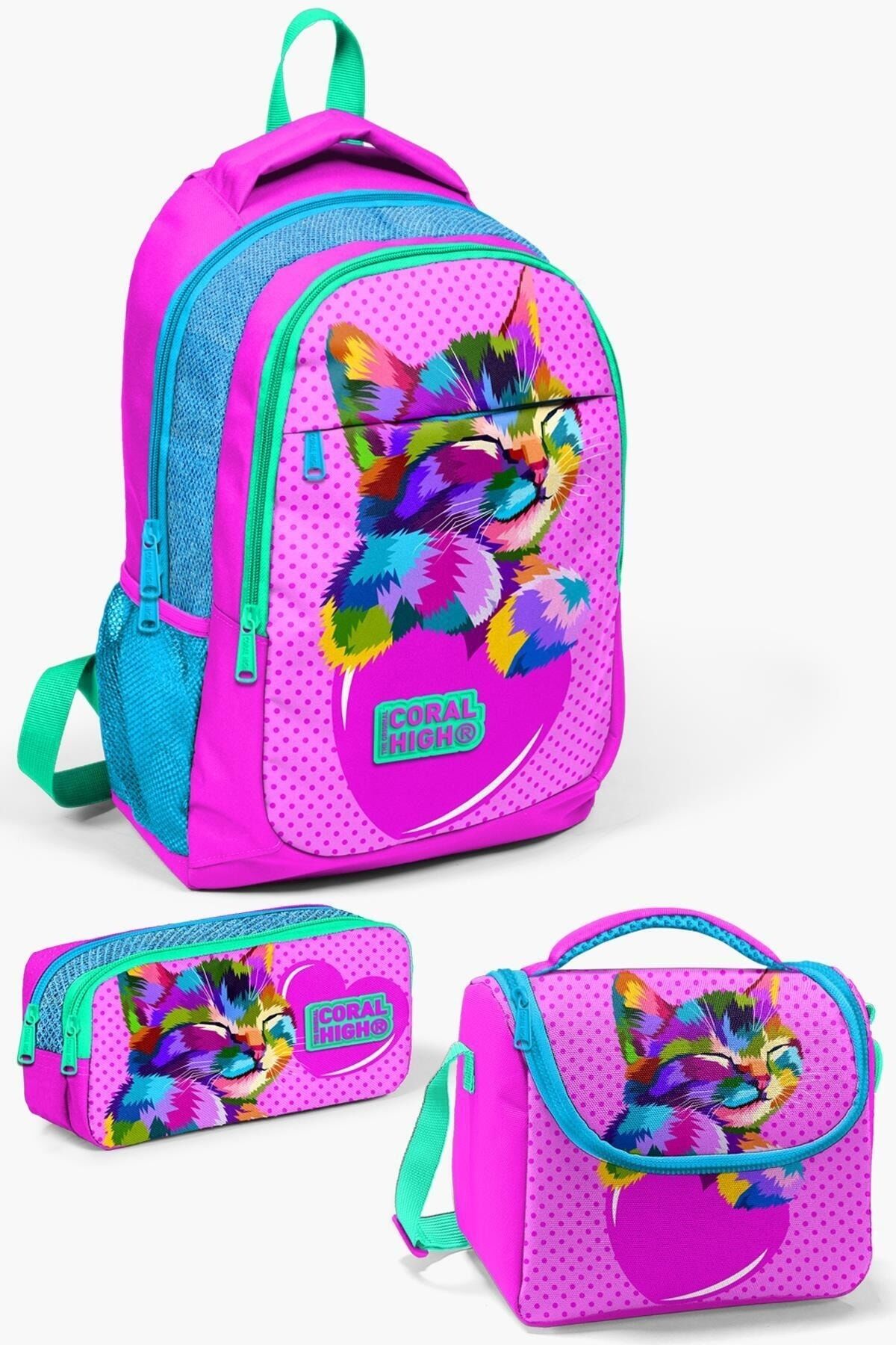 Kids Pembe Mavi Simli Kedi Desenli 3’lü Okul Çanta Seti Set014387 Pembe Mavi Yeşil