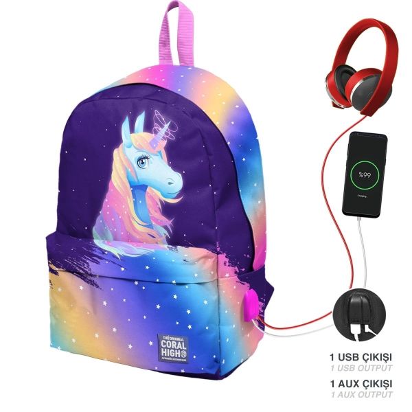 Coral High Mor Renk Geçişli İki Bölmeli USB Şarjlı Kulaklık Çıkışlı Okul Sırt Çantası 23430