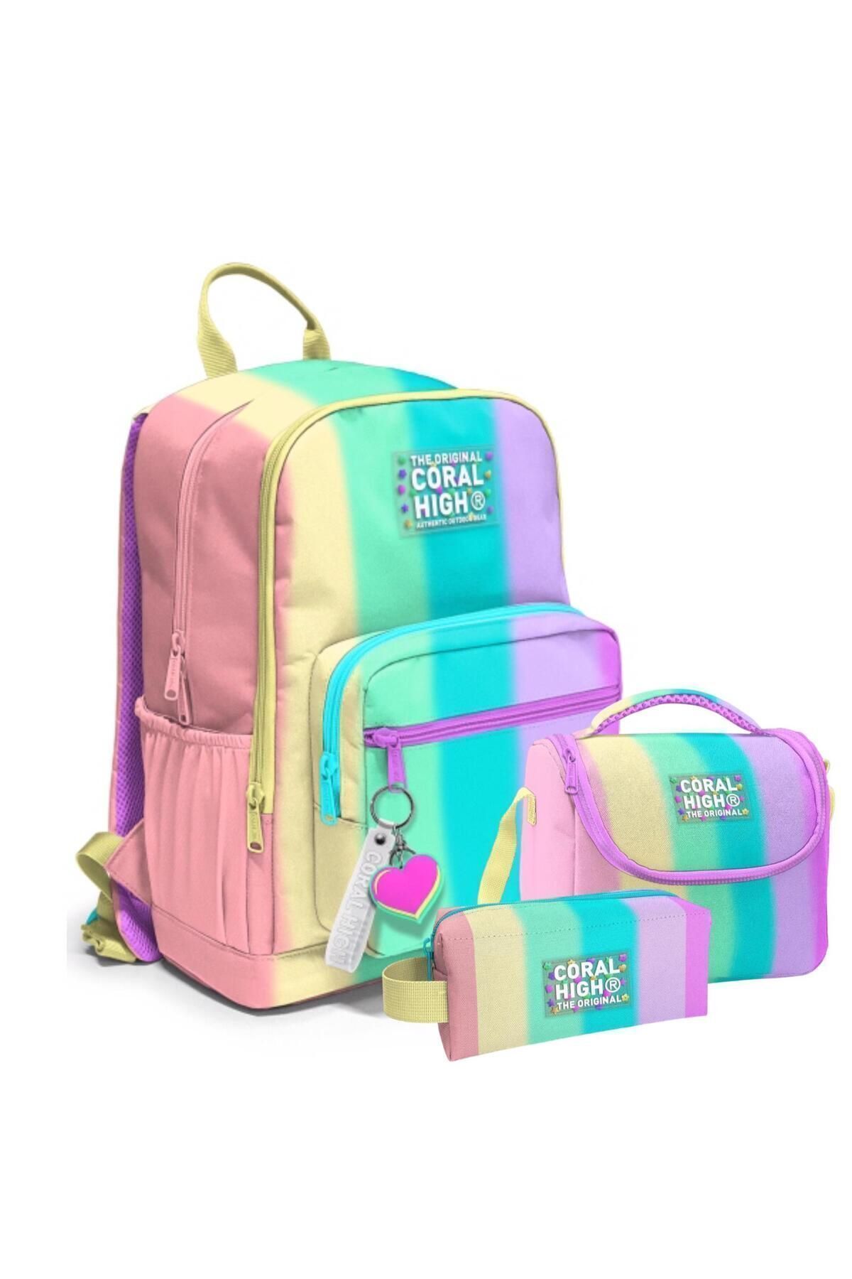 Renkli Çizgili Desenli 3’lü Okul Çanta Seti