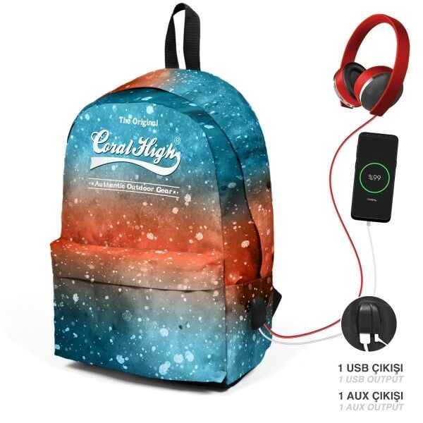 Coral High Çivit Turuncu Galaksi Desenli İki Bölmeli USB Şarjlı Kulaklık Çıkışlı Sırt Çantası 23425
