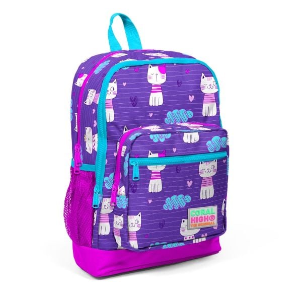 Coral High Kids Mor Pembe Kedi Desenli Dört Bölmeli Okul Sırt Çantası 23464