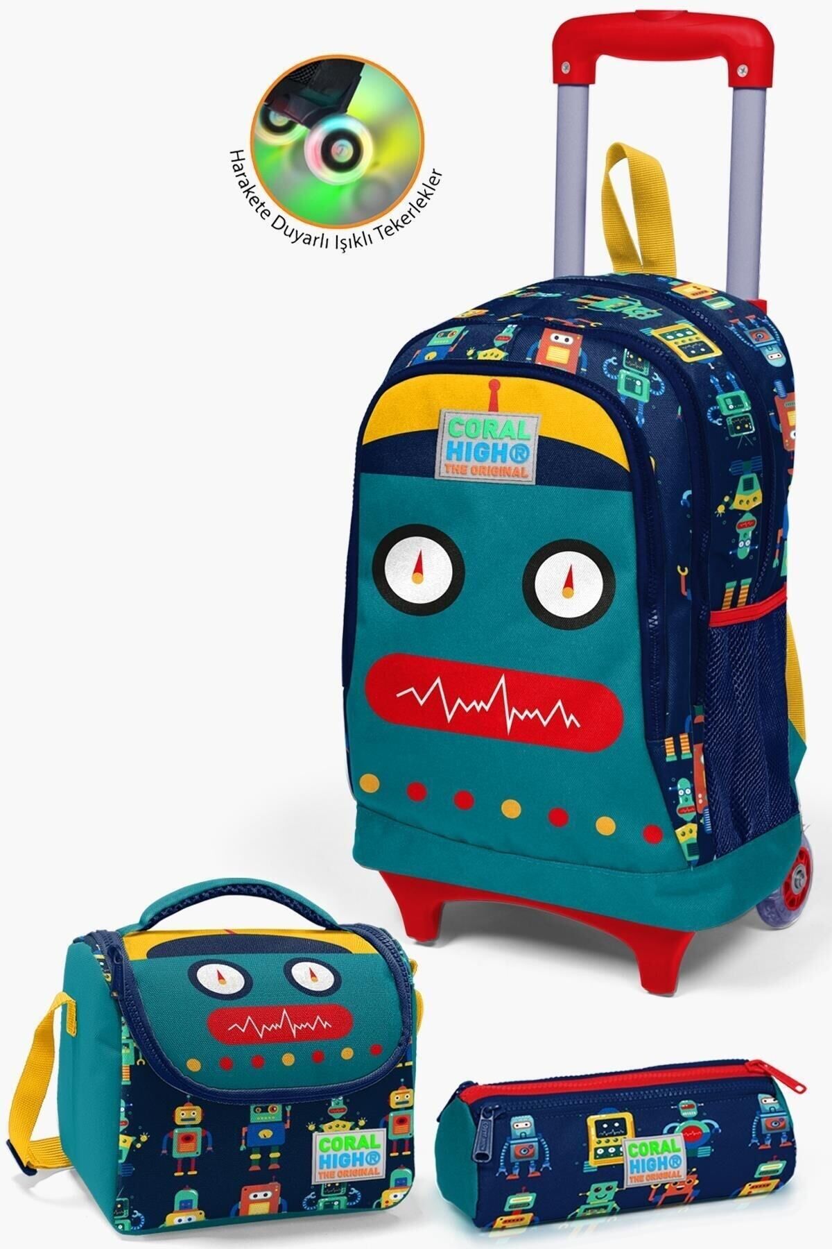 Kids Lacivert Civit Robot Desenli Çekçekli 3'lü Çanta Seti SET0123380 Lacivert Çivit