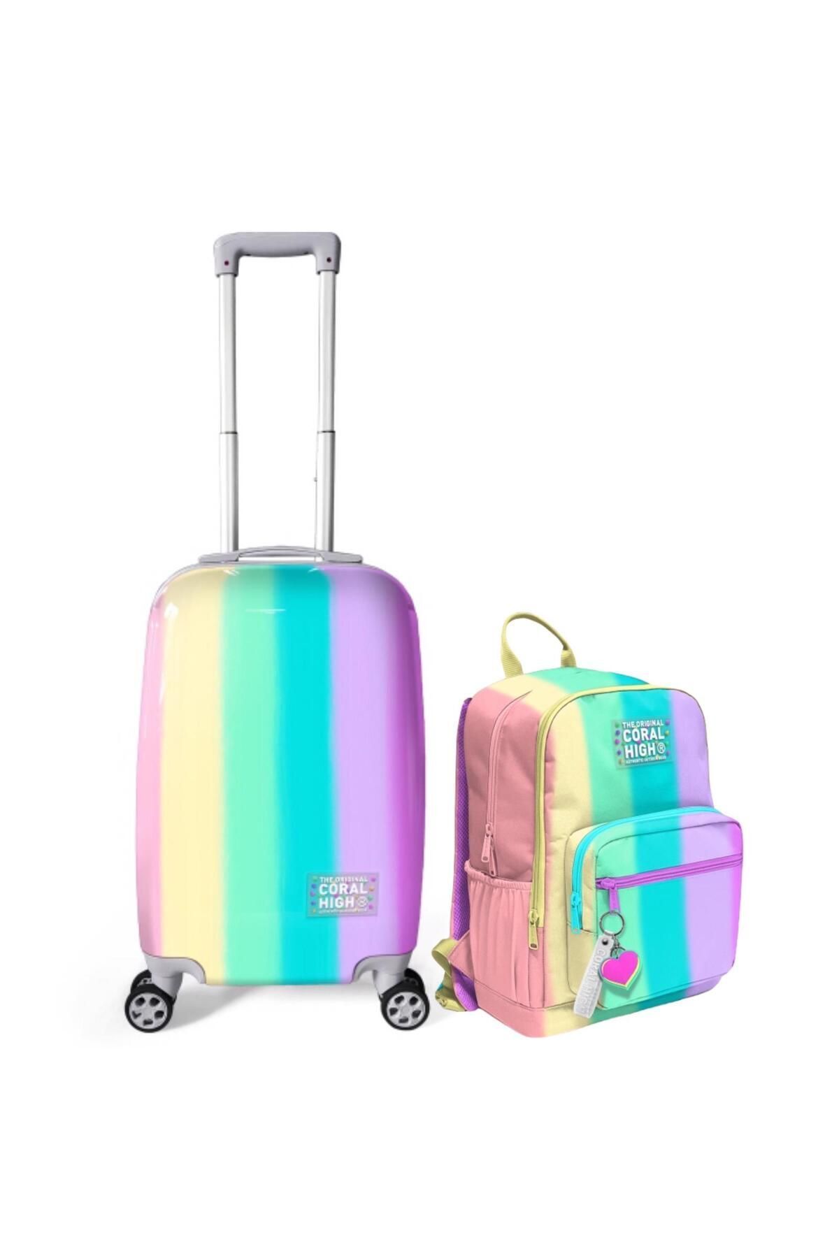 Renkli Çizgili Desenli Kabin Boy Valiz ve Çanta Seti