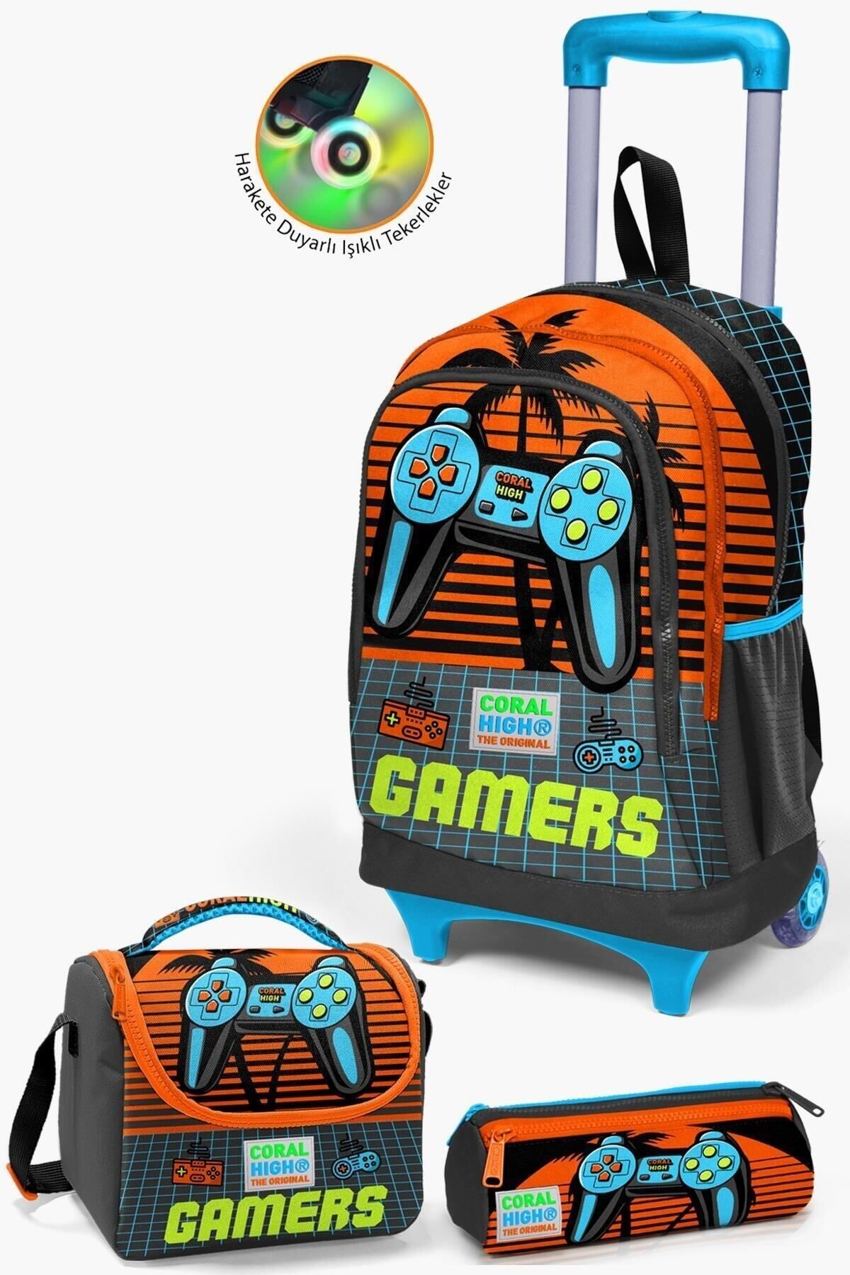 Kids Lacivert Civit Robot Desenli Çekçekli 3'lü Çanta Seti SET0123380 Gri Turuncu