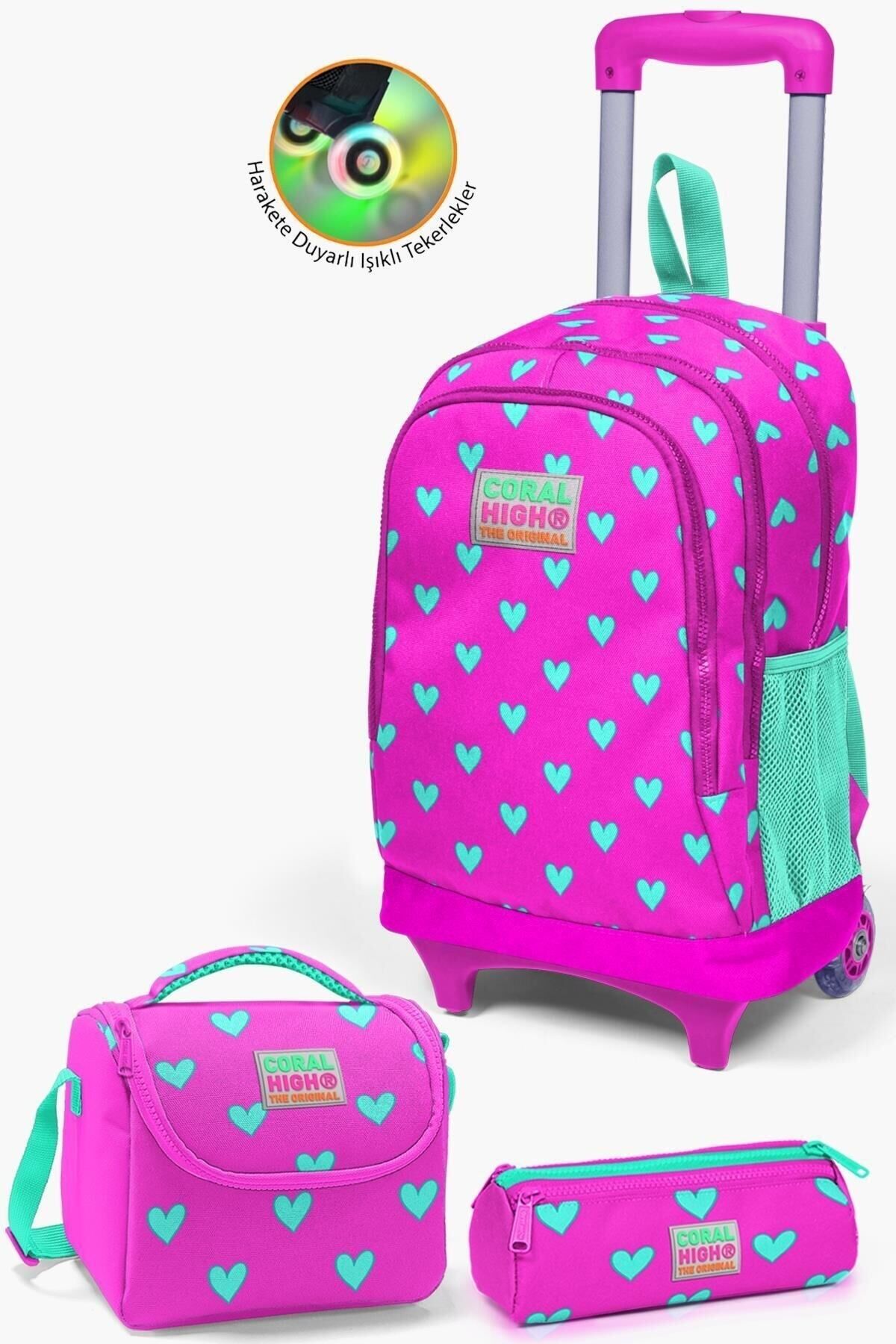 Kids Lacivert Civit Robot Desenli Çekçekli 3'lü Çanta Seti SET0123380 Neon Pembe