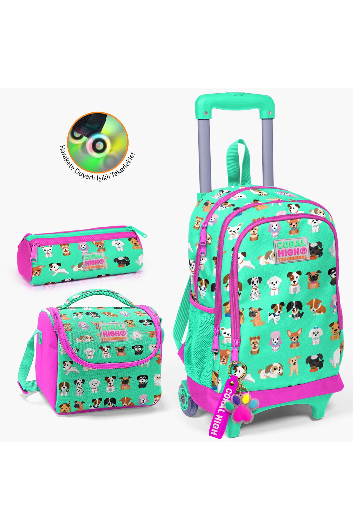 Kids Lacivert Civit Robot Desenli Çekçekli 3'lü Çanta Seti SET0123380 Açık Yeşil Pembe