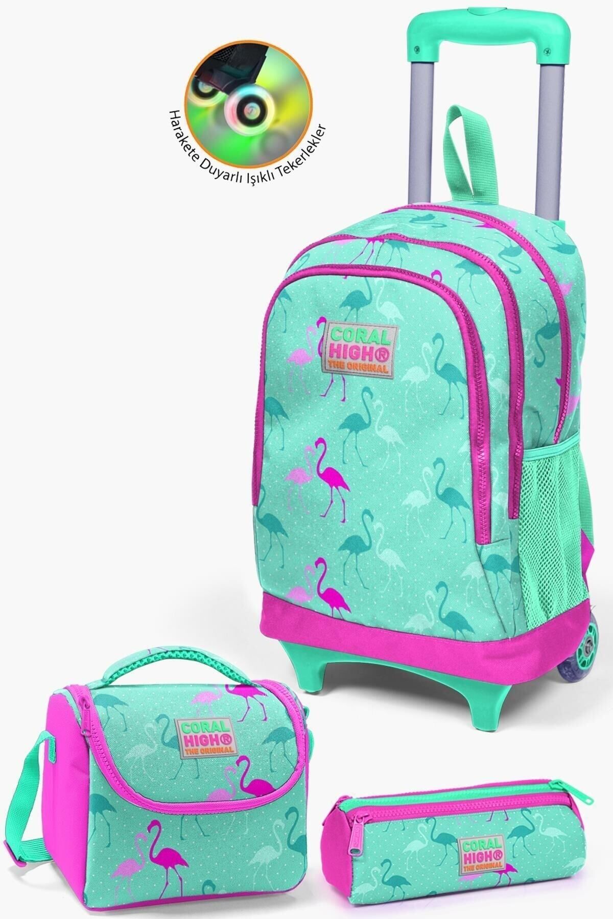 Kids Lacivert Civit Robot Desenli Çekçekli 3'lü Çanta Seti SET0123380 Su Yeşili Neon Pembe